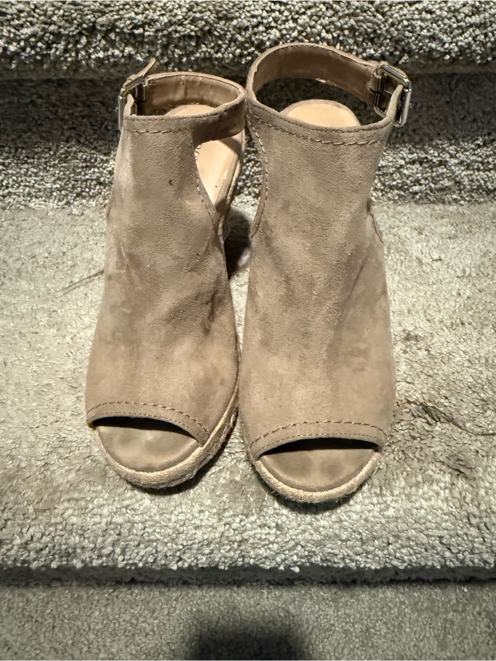 Suede Peep-Toe Ankle Strap Wedge Sandals - Taupe